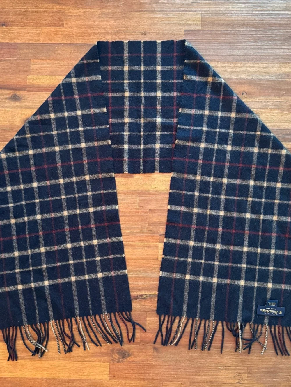 Brooks Brothers 100% Baby Camel Hair Scarf Italy Navy Plaid Fringe Luxury Preppy